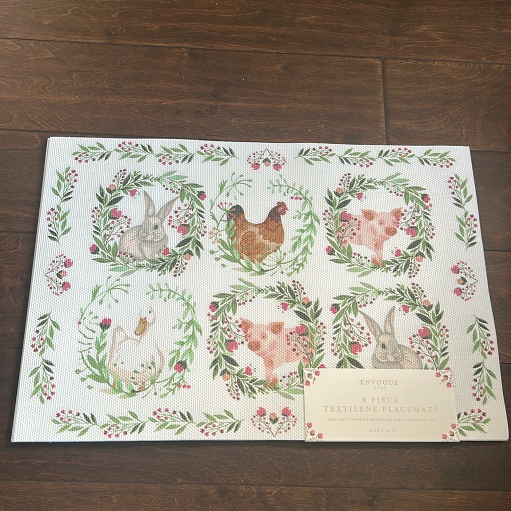 Envogue Set Of 8 Vinyl Placemats New Farmhouse Easter Bunny Pig Duck Hen